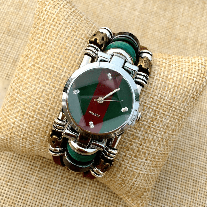 Deffrun Retro Style Men Bracelet Watch Vintage Simple Rhinestone Cowhide Quartz Watch - MRSLM