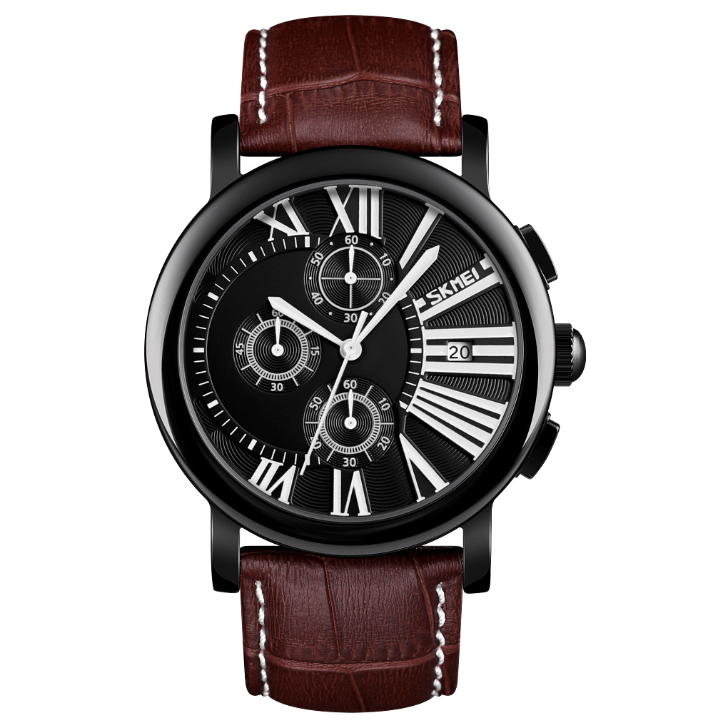 SKMEI 9196 Men Fashion Leather Strap Stopwatch Date Display Roman Numerals Sport Quartz Watch - MRSLM