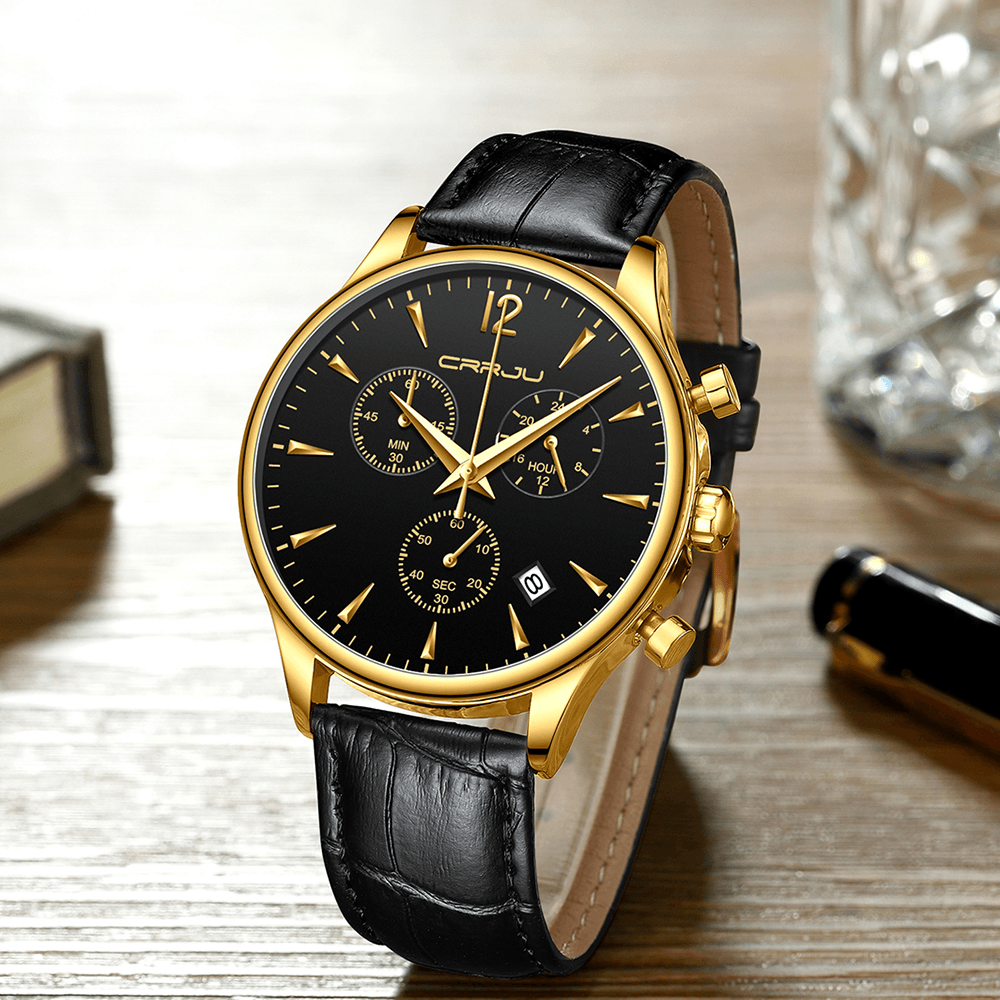 CRRJU 2272 Fashion Leather Strap Japan Movement Calendar Waterproof Men Quartz Watch - MRSLM