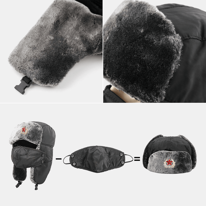 Men Solid Soviet Badge Windproof Trapper Hat Outdoor Thicken Ear Protection Warm Russian Hat Ushanka Hat - MRSLM