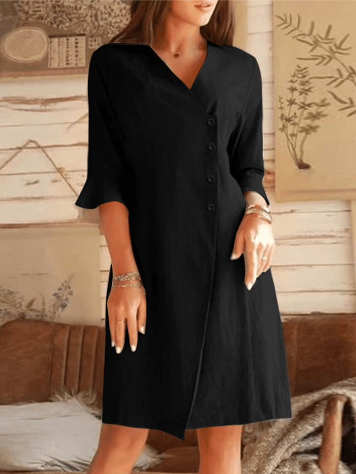 V-Neck Oblique Placket Design Bell Sleeve Casual Dress - MRSLM