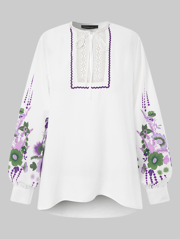 Women Flower Print Lace Stitching Tie Neck Long Sleeve Casual Blouses - MRSLM