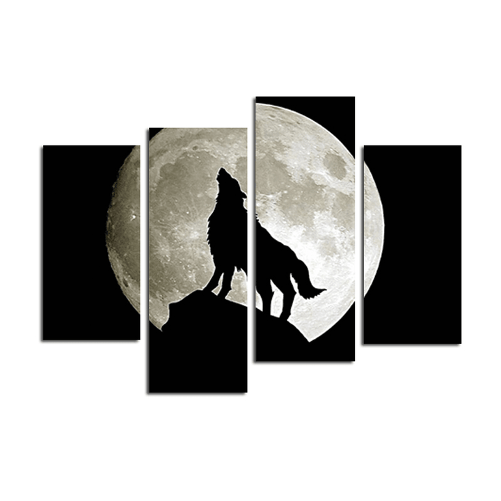 Miico Hand Painted Four Combination Decorative Paintings Full Moon Black Wolf Wall Art for Home Decoration - MRSLM