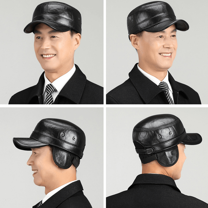Men Genuine Leather Retro Classical Color Ear Protection Keep Warm Military Hat Flat Hat Peaked Cap - MRSLM