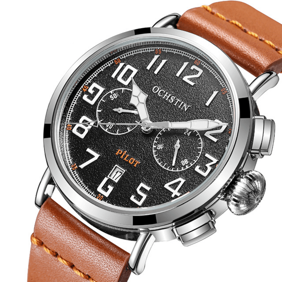 OCHSTIN GQ077A Calendar Casual Style Men Wrist Watch Leather Strap Elegant Quartz Watch - MRSLM