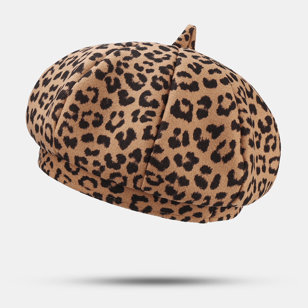 Women Woolen Warm Young All-Match Leopard Pattern Painter Hat Newsboy Hat Octagonal Hat Beret Hat - MRSLM