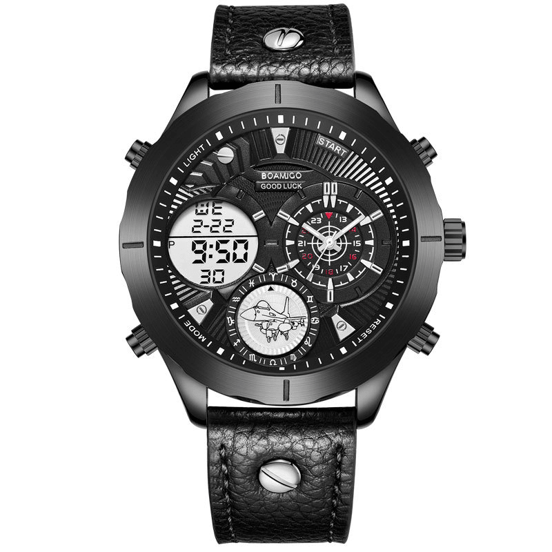 BOAMIGO F940 Dual Time Zones Analog Digital Watch Leather Band LED Light Men Wrist Watch - MRSLM