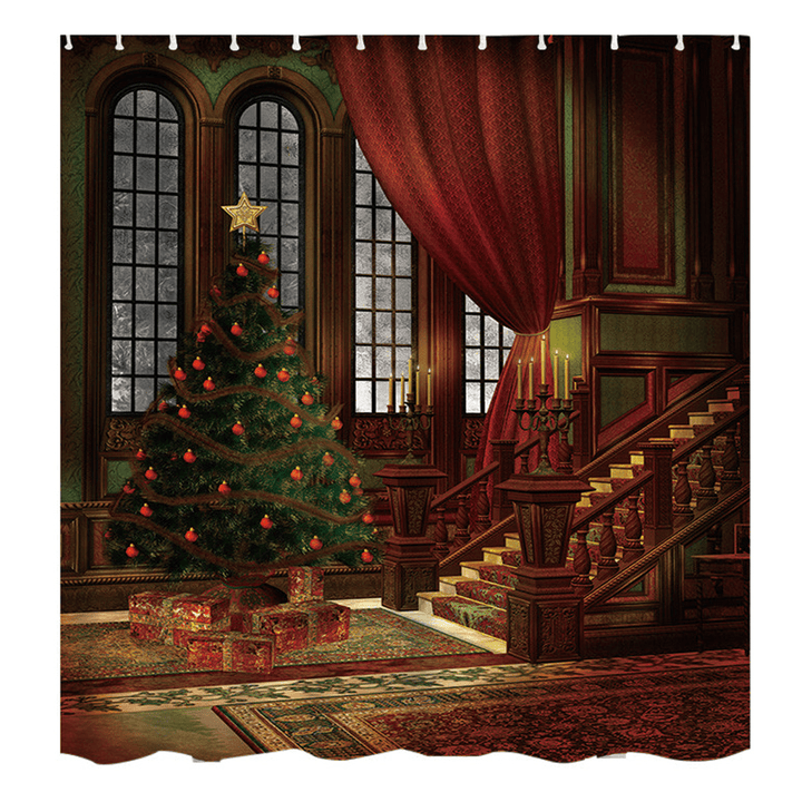 3D Bathroom Sets Christmas Trees Fireplace Shower Curtain Bath Mats Toilet Rugs Anti-Slip Carpet Festival Decor - MRSLM