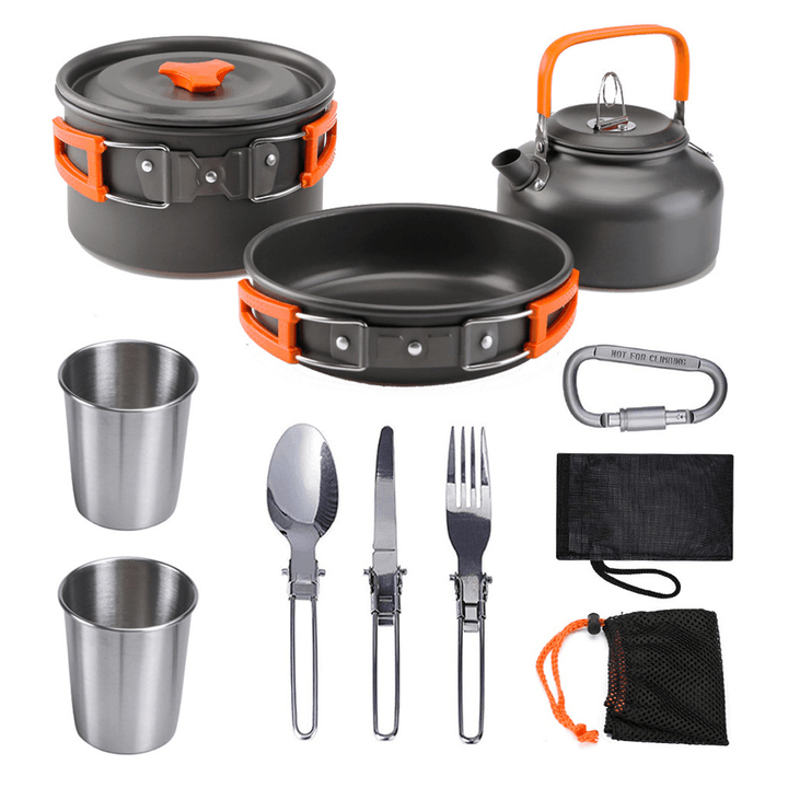 12 Pcs Camping Cookware Set Bowl Pan Pot Water Cup Spoon Portable Tableware Outdoor Picnic - MRSLM