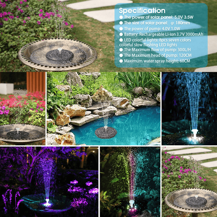 8LED Light Solar Panel Powered Water Fountain Pool Pond Garden Water Sprinkler Sprayer Waterfall Floating Fountain Pump - MRSLM