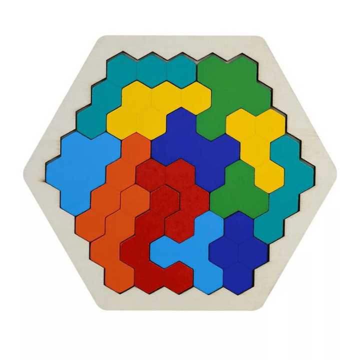 Tangram Wooden Hexagon Puzzles Toytable Game Playset Toddlers Toys - MRSLM