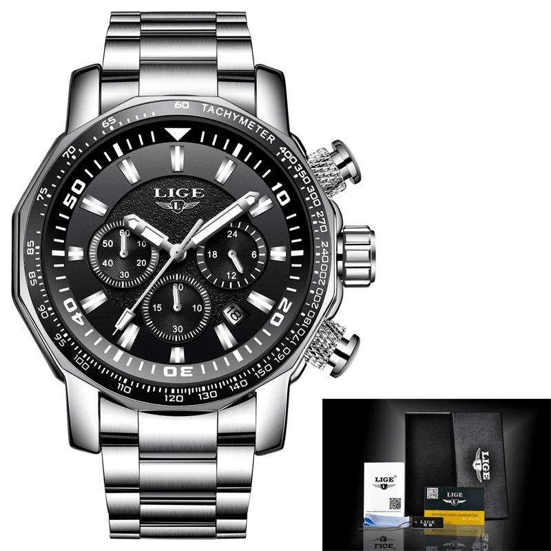 LIGE LG9871 Luxury Business Style Date Display Luminous Pointers Waterproof Stainless Steel Band Men Quartz Wrist Watch - MRSLM