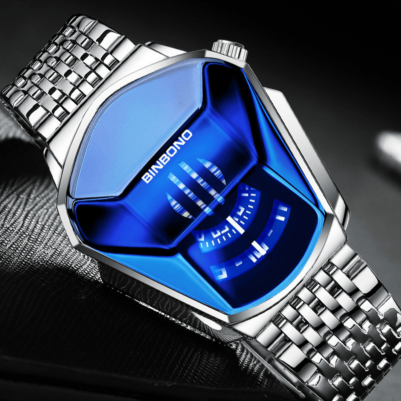 BINBOND Fashion Men Watch Creative Dila Geometric Shape Cool Locomotive Men Stainless Steel Strap Quartz Watch - MRSLM