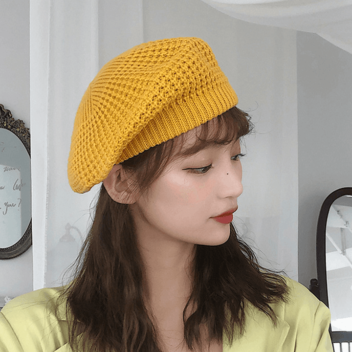 Women Solid Color Dome Hollow Breathable Knitted Hat Outdoor Windproof Sunshade Beret Cap - MRSLM