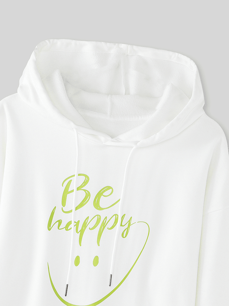 Women Smile Face Letter Print Pouch Pocket Casual Long Sleeve Hoodies - MRSLM