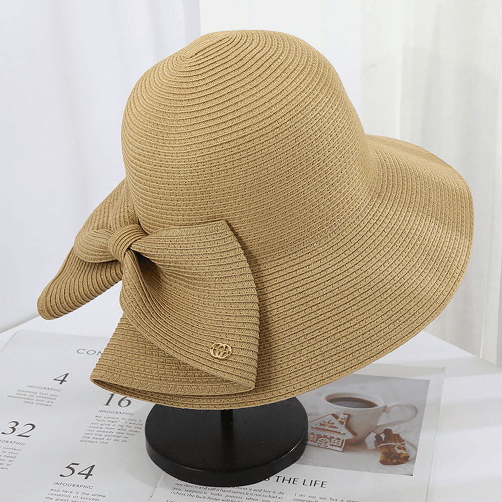 Women Foldable Rear Split Design Bow Straw Hat Adjustable Breathable Summer Casual Wild Sunshade Bucket Hat - MRSLM