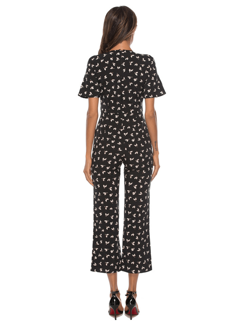 Chiffon V-Neck Print Short Sleeve Causal Jumpsuit - MRSLM