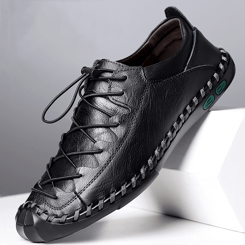 Men Cowhide Hand Stitching Breathable Soft Bottom Elastic Band Casual Business Shoes - MRSLM