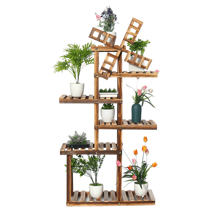 Wooden Plant Stand Windmill-Shape Flower Pots Organizer Shelf Display Rack Holder Bookshelf for Indoor Outdoor Patio Garden Corner Balcony Living Room - MRSLM