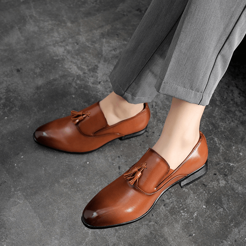 Men Leather Breathable Soft Sole Slip on Comfy Business Casual Dress Shoes - MRSLM