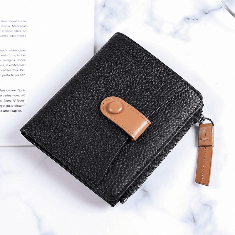 Women Genuine Leather Bifold Hasp Zipper Multifunction Coin Purse Money Clip Short Wallet - MRSLM