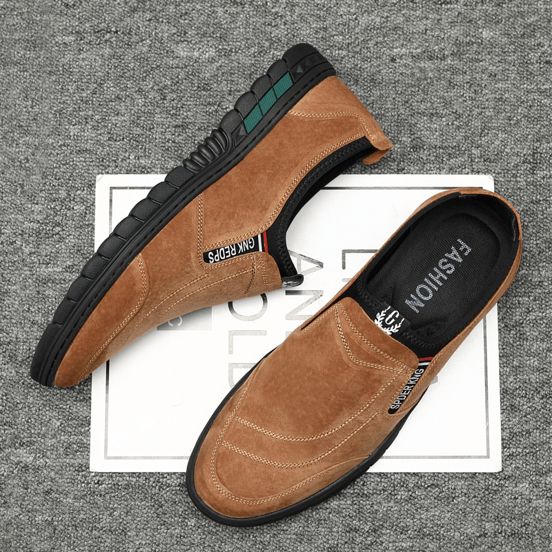 Men Comfy Pigskin Leather Stitching Non-Slip round Toe Lazy Slip-On Loafers Shoes - MRSLM