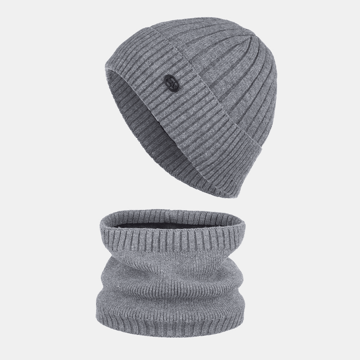 Unisex Thick Striped Iron Label Knitted Hat Scarf Set Autumn Winter plus Velvet Thicken Warm Bib Beanie Hat - MRSLM