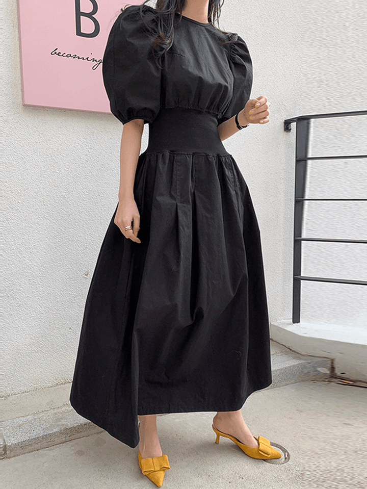 Puff Sleeve O-Neck Short Sleeve Elastic Cuffs Casual Maxi Dress - MRSLM