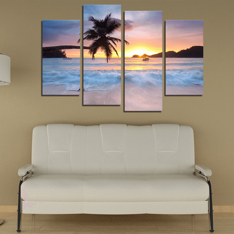 Miico Hand Painted Four Combination Decorative Paintings Seaside Coconut Tree Wall Art for Home Decoration - MRSLM