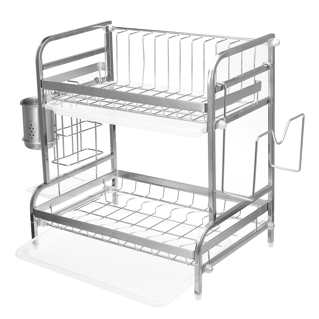 2 Tier Stainless Steel Drain Dish Rack Tableware Cutlery Drain Rack Kitchen Shelf Rack - MRSLM