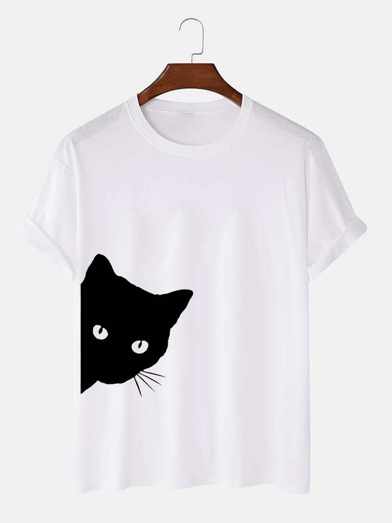 Mens 100% Cotton Cute Cartoon Cat Print Breathable Casual Short Sleeve T-Shirts - MRSLM