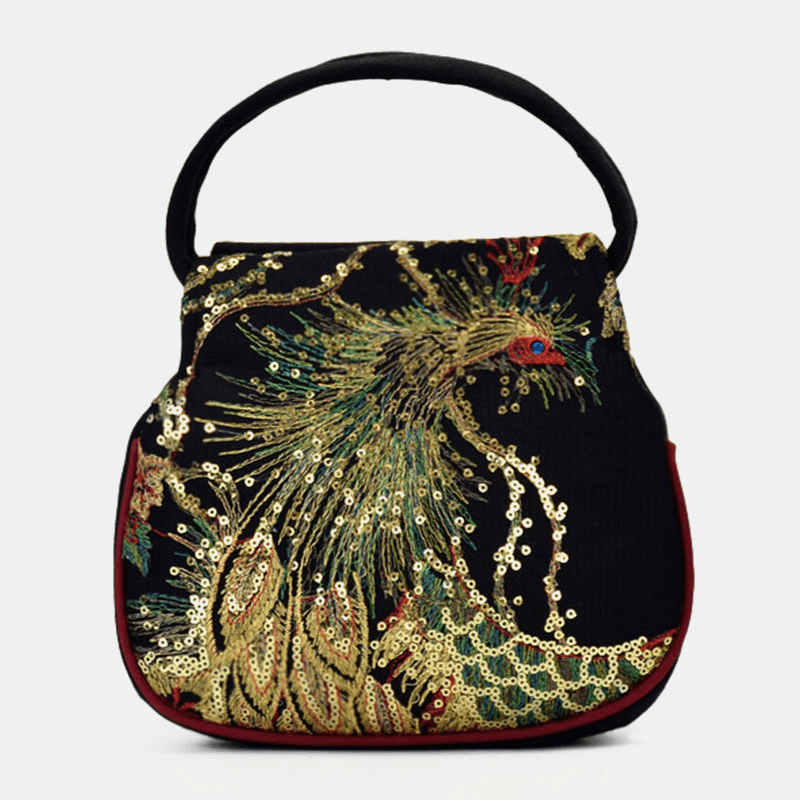 Women Canvas Ethnic Style Embroidery Peacock Pattern Casual Elegant Mini Ladies Handbag - MRSLM