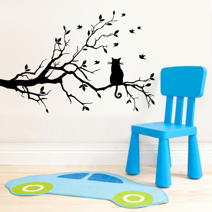 New Cute Cat on Long Tree Branch Removable PVC Wall Sticker Animals Cats Art Decal Beautiful Home Kids Room Decor Flying Birds Black Cat Animals Wall Sticking Poster - MRSLM