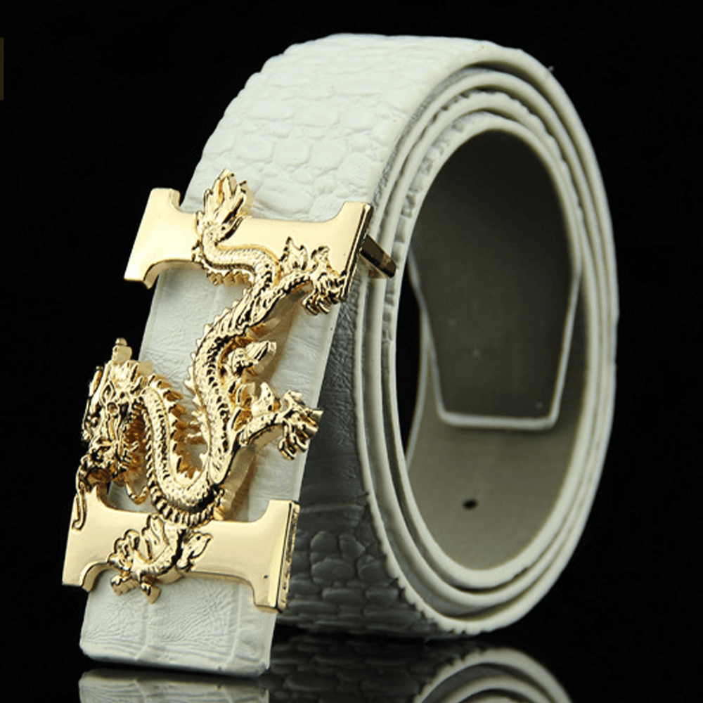 Men Faux Leather 135Cm Fashion Personality Alligator Pattern Gold Dragon Decor Belt - MRSLM