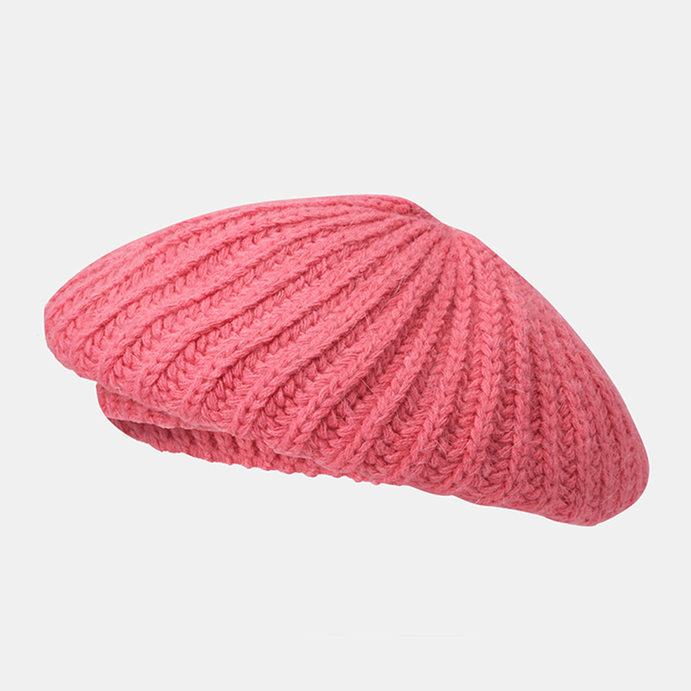 Women Rabbit Hair Blend Knitted Hat Solid Color Thicken Warmth Beret Cap - MRSLM