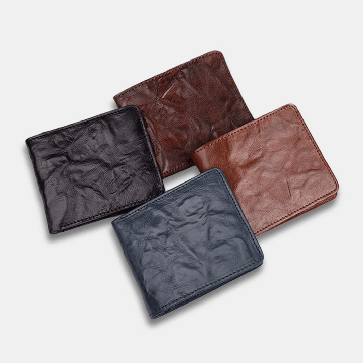 Men Genuine Leather Vintage Business Vegetable Tanned Cowhide Wear-Resistant Bifold Short Money Clips Coin Wallet - MRSLM