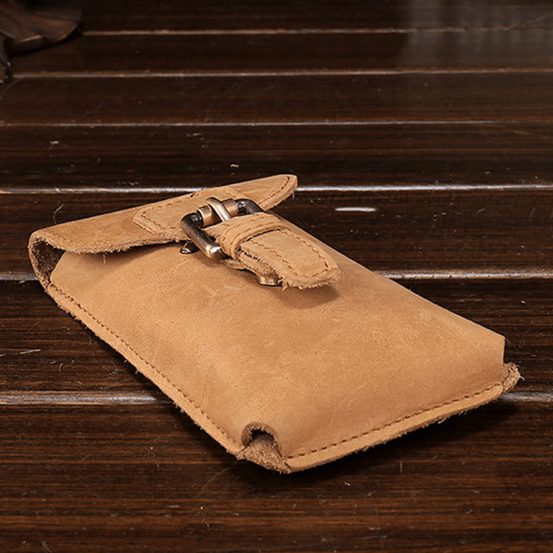 Men Genuine Leather Waterproof Vintage Casual 5.8 Inch Phone Bag Cowhide Waist Bag with Hook - MRSLM