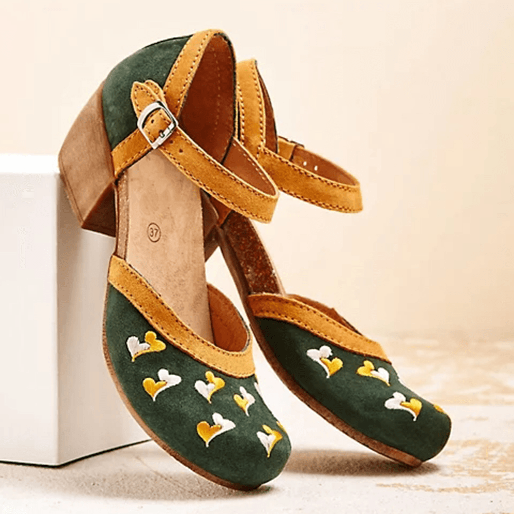 LOSTISY Women Embroidery round Toe Ankle Strap Comfy Casual Heels Pumps - MRSLM