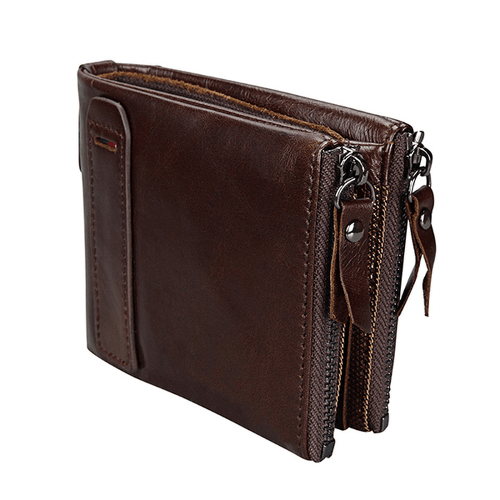 Men RFID Genuine Leather Short Double Zipper Wallet - MRSLM