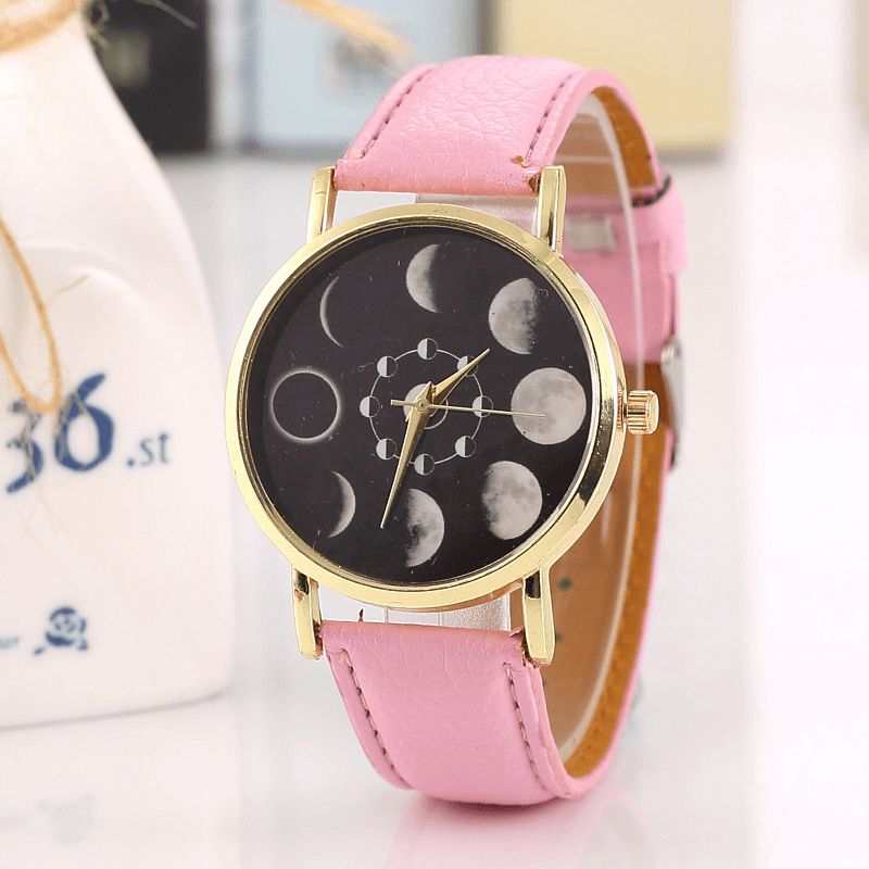 Solar Moon Phase Lunar Eclipse Unisex Watch Leather Strap Quartz Watch for Women Men - MRSLM