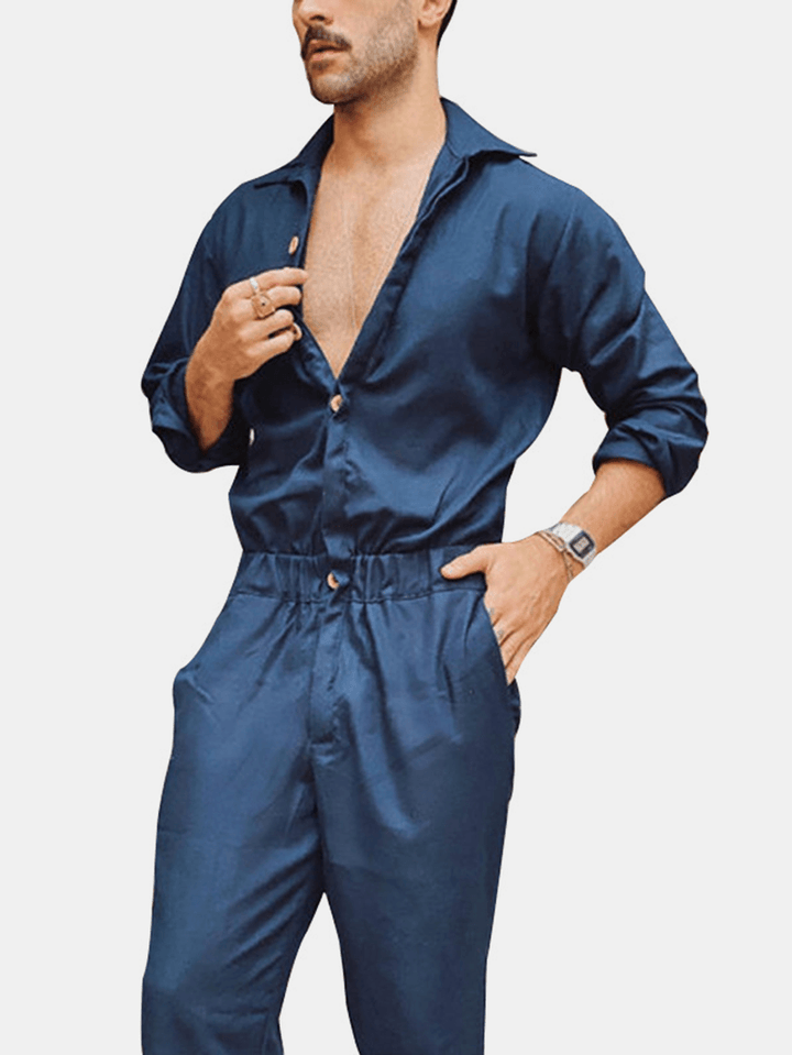 Mens Cotton Solid Color Button up Lapel Collar Casual Jumpsuits - MRSLM