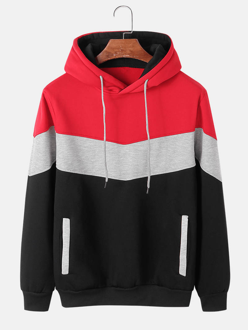 Mens Color Block Patchwork Flocking Casual Loose Drawstring Hoodies with Pocket - MRSLM