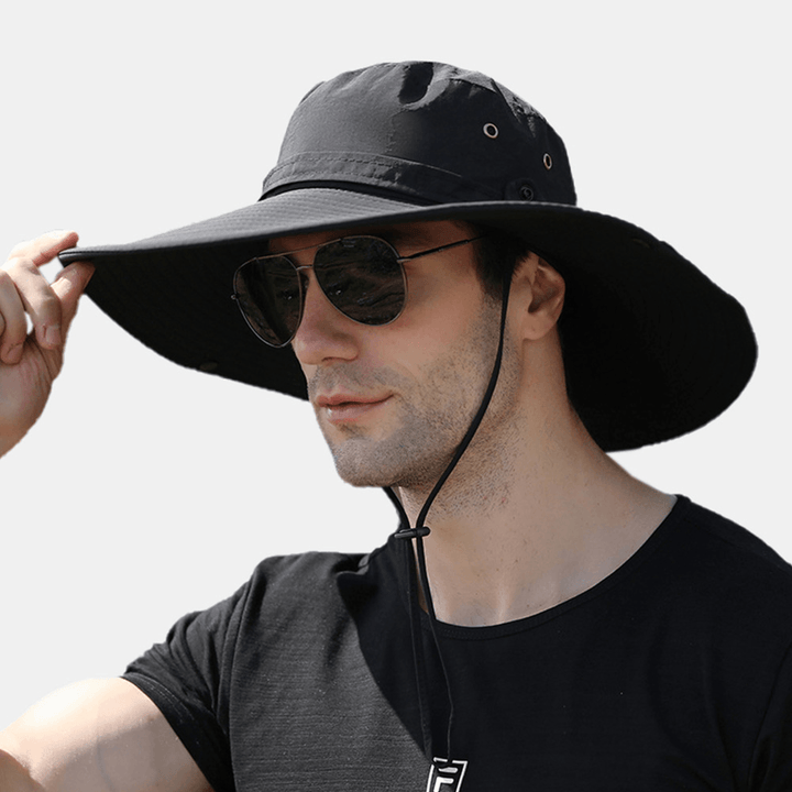 Men Dual-Use Anti-Uv Bucket Hat Big Brim Windproof Rope Adjustable Outdoor Fishing Sunshade Hat - MRSLM