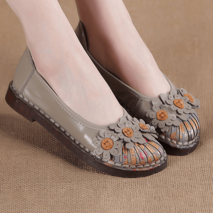 Women Retro Flowers Decor Handmade Stitching Non Slp Soft Sole Loafers - MRSLM