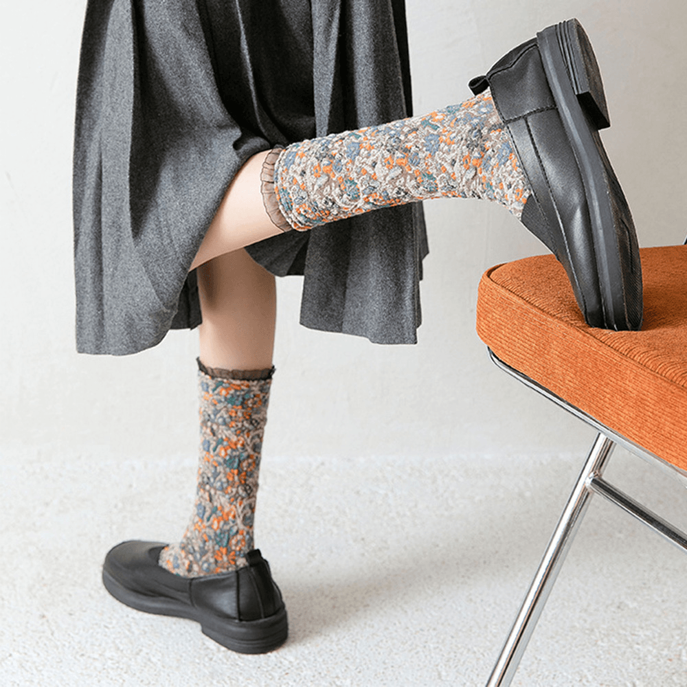 10 Pairs Women Retro Embossed Jacquard Tube Socks Fashion Mid-Length Breathable Absorbsweat Lace Socks - MRSLM