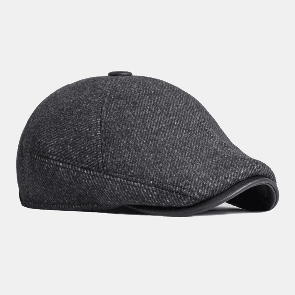 Men Winter Warm Ear Protection Woolen Beret Cap British Retro Short Brim Adjustable Forward Hat Painter Cap - MRSLM