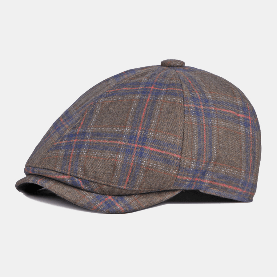 Men Colored Plaid Curved Brim Octagonal Hat British Retro Autumn Warm Adjustable Forward Hat Newsboy Hat - MRSLM