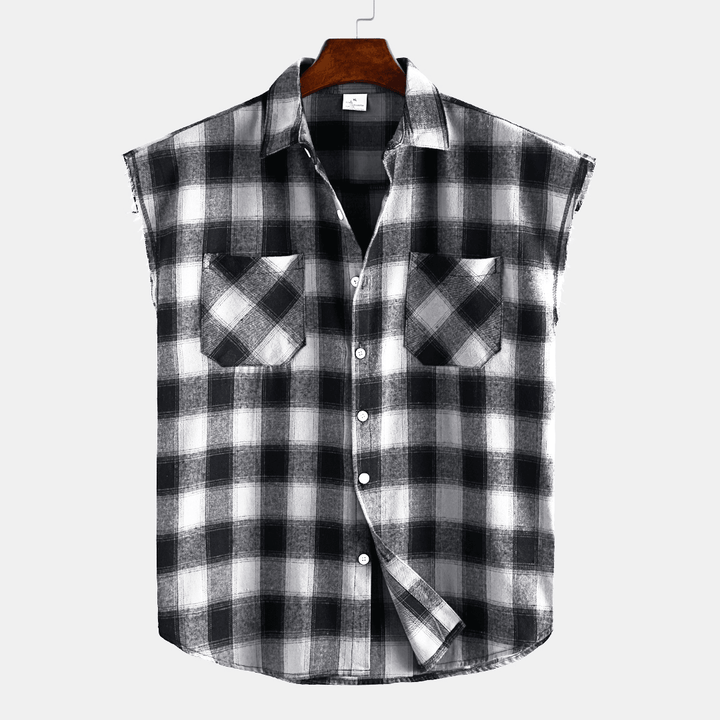 Men Plaid Sleeveless Lapel Loose Shirts - MRSLM