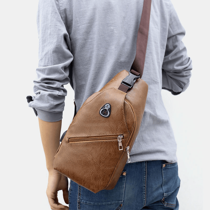 Men Faux Leather USB Charging Earphone Travel Retro Business Chest Bag Crossbody Bag - MRSLM