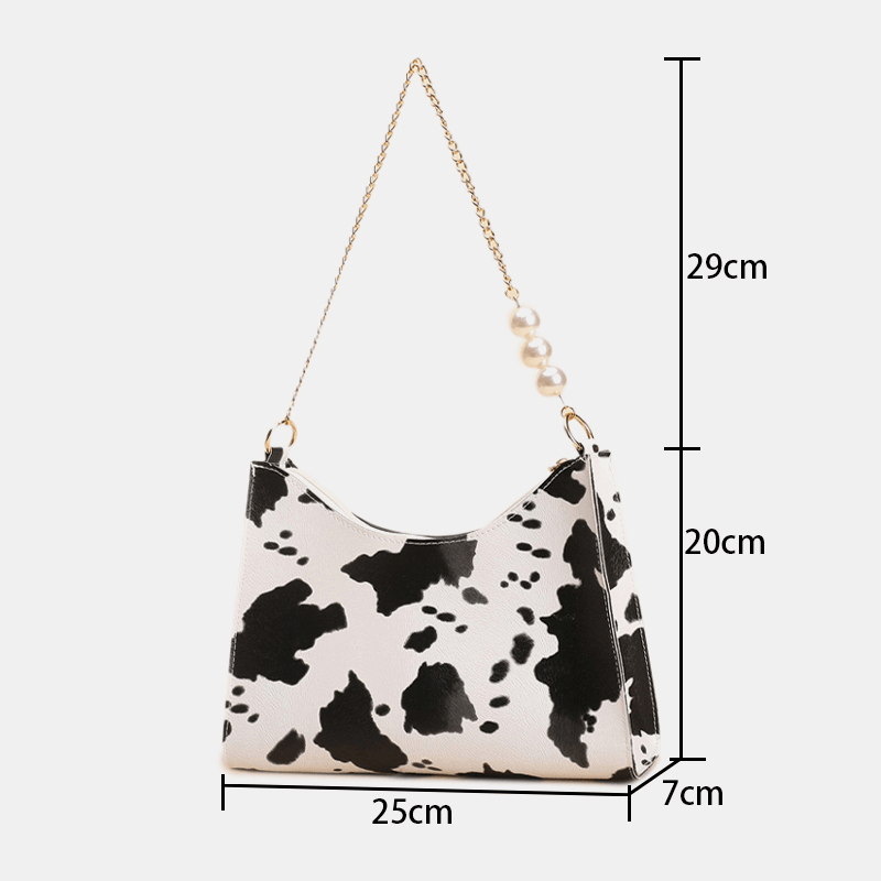 Women Stylish Chain Pearls Decor Exquisite Hardware Cow Pattern Stitch Craft Waterproof Underarm Bag Handbag - MRSLM